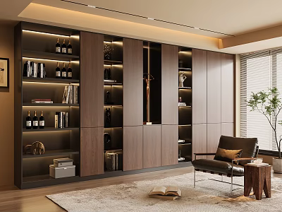 Modern Built in Dark Wood Bookcase with Multiple Shelves and Decor in Elegant Interior 3d model