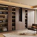 Modern Built in Dark Wood Bookcase with Multiple Shelves and Decor in Elegant Interior