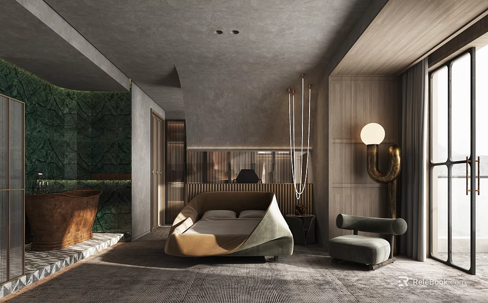 Modern Bedroom Interior Design With Unique Bed Wooden Walls And Green Wall Decor 3d model 