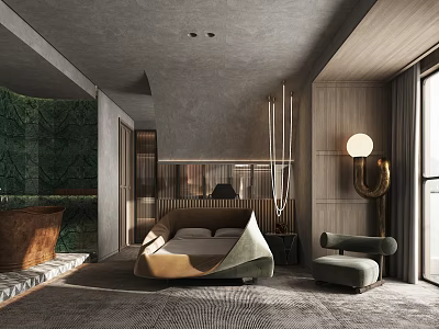 Modern Bedroom Interior Design With Unique Bed Wooden Walls And Green Wall Decor 3d model