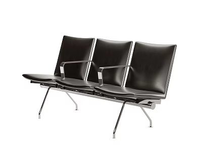 Modern Three Seat Public Chair with Black Leather Seats and Metal Frame 3d model