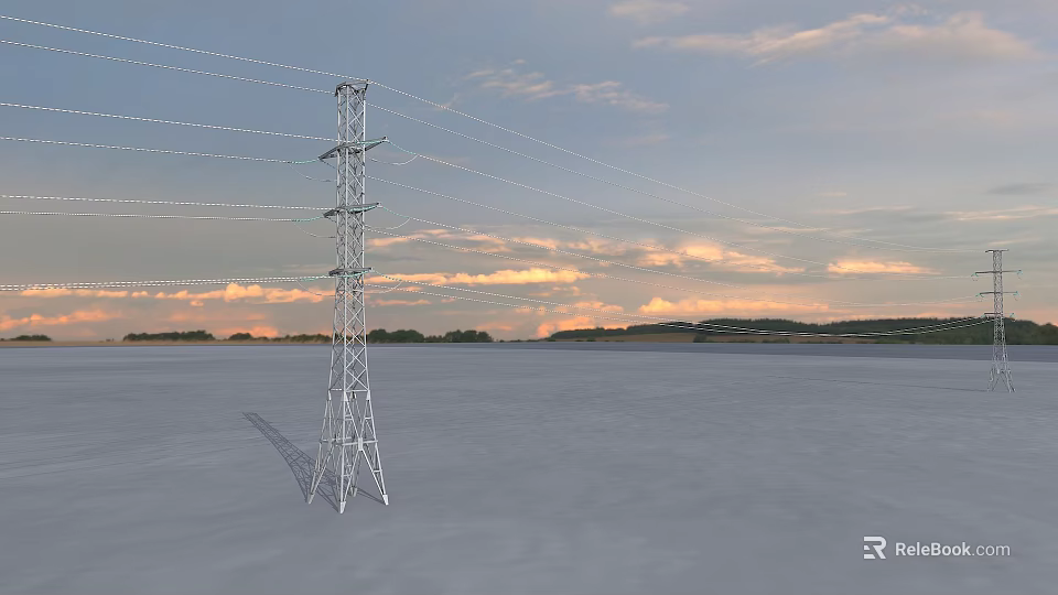 Electricity Pylon Standing In Open Field With Sunset Sky And Clouds 3d model 