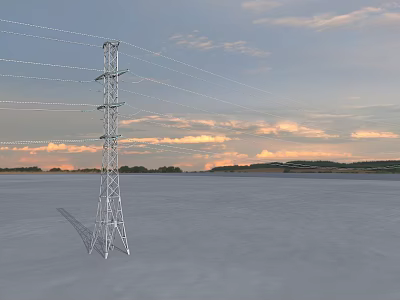 Electricity Pylon Standing In Open Field With Sunset Sky And Clouds 3d model