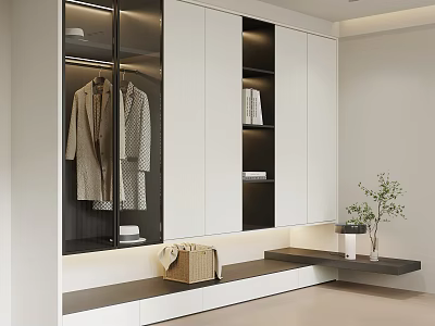 Modern White Wardrobe With Glass Doors Hanging Rods And Storage Shelves 3d model
