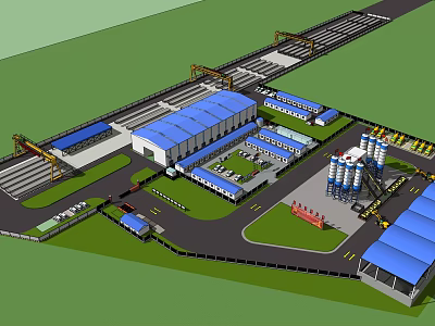 Industrial Factory Layout With Blue Roofs Roads Cranes Silos And Green Area 3d model