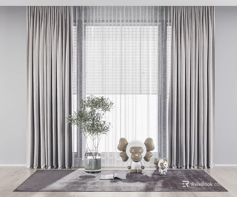 Gray Curtains And Window Blinds In Modern Interior With Potted Plant Stuffed Toys And Rug 3d model 