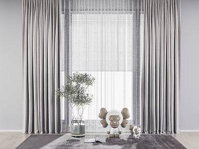 Gray Curtains And Window Blinds In Modern Interior With Potted Plant Stuffed Toys And Rug 3d model
