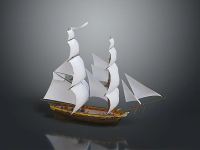 Detailed Wooden Sailing Ship Model With White Sails And Multiple Masts 3d model