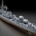 Military Warship Model Featuring Weathered Gray Hull Detailed Superstructure And Turrets