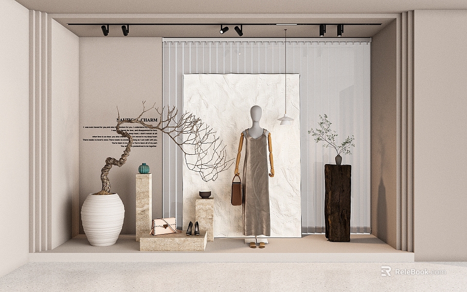 Minimalist Modern Window Display With Mannequin Dress Decorative Branches Vase And Shoes 3d model 