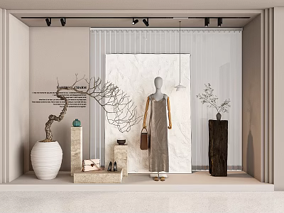 Minimalist Modern Window Display With Mannequin Dress Decorative Branches Vase And Shoes 3d model