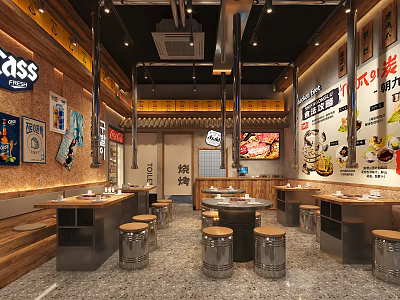 Modern Asian Restaurant Interior With Wooden Decor Metal Tables And Menu Posters 3d model
