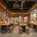 Modern Asian Restaurant Interior With Wooden Decor Metal Tables And Menu Posters