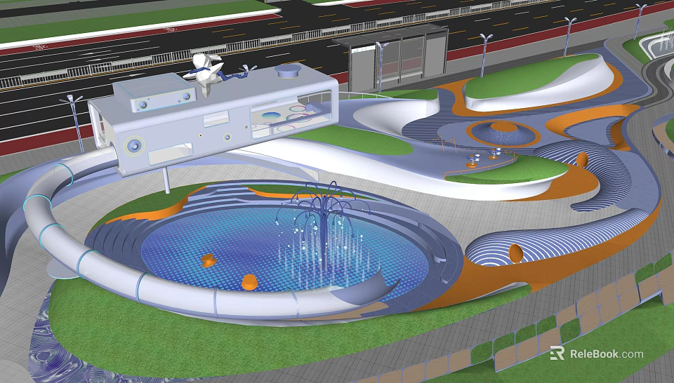 Modern Garden Ornament Featuring Circular Fountain Pool Blue Water Orange Balls And Green Lawn 3d model 