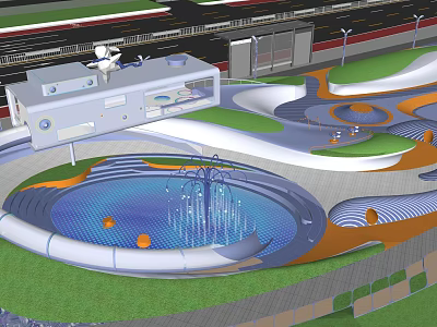 Modern Garden Ornament Featuring Circular Fountain Pool Blue Water Orange Balls And Green Lawn 3d model