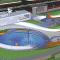 Modern Garden Ornament Featuring Circular Fountain Pool Blue Water Orange Balls And Green Lawn