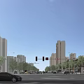 Bustling Modern Commercial Street With High Rise Buildings Traffic Lights Trees And Vehicles