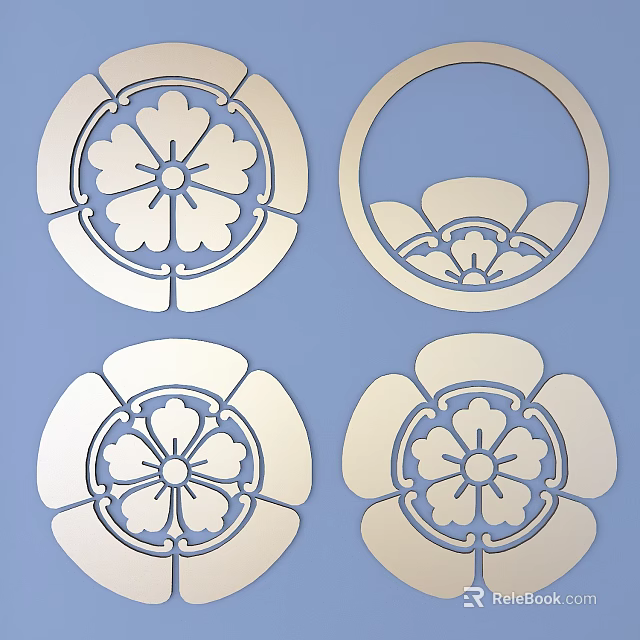 Four Floral Carvings With Unique Patterns On Blue Background 3d model 