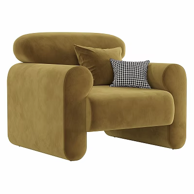 Camel Velvet Accent Chair With Rounded Arms And Checkered Accent Pillow 3d model