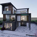 Modern Detached Villa With Black White Exterior Large Windows Balconies And Garden Surroundings