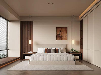 Modern Elegant Bedroom Interior Design With Comfortable Bed Nightstands Decorative Painting And Built in Wardrobe 3d model