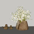 Clay Vase With White Daisies And Small Bird Figurines On White Background