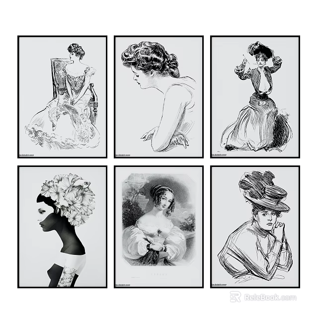 Vintage Female Portraits Collection Featuring Elegant Attire Hats And Floral Headpieces 3d model 
