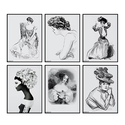 Vintage Female Portraits Collection Featuring Elegant Attire Hats And Floral Headpieces 3d model