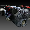 Detailed 3D Engine Model With Black Body Red Accent Lines Silver Pipes And Radiator