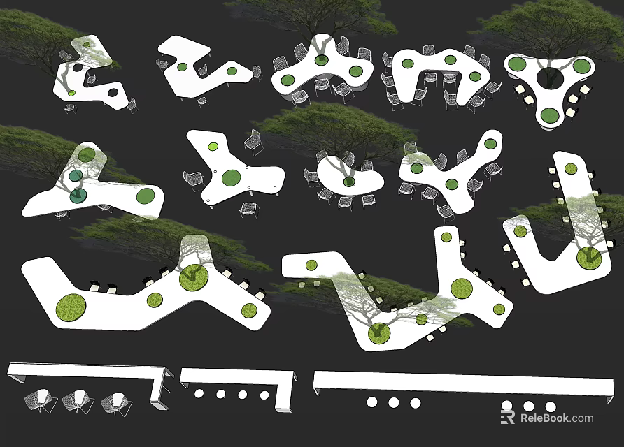 Outdoor Table and Chair Sets with Greenery in Multiple Curved Park Layouts 3d model