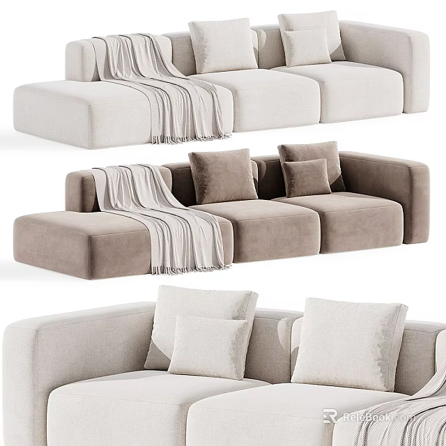 Modern Light Fabric Sectional Sofa With Soft Pillows Cozy Throw Blanket And Comfortable Design 3d model 
