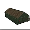 Green Wooden Barn With Brown Roof Wooden Fence And Bench