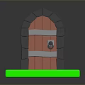 Medieval Red Wooden Door With Gray Stone Arch Frame Metal Bands And Green Base