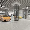 Modern Car Dealership Showroom With Luxury Sports Cars And Glass Display Units