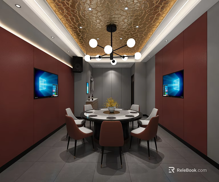 Elegant Private Dining Room Interior With Round Table Chairs Wall TVs And Gold Ceiling 3d model