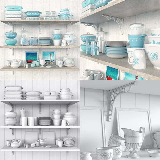 Stylish Blue And White Dinnerware Set Displayed On Kitchen Shelves With Bowls Cups And Plates 3d model 