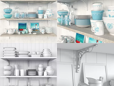 Stylish Blue And White Dinnerware Set Displayed On Kitchen Shelves With Bowls Cups And Plates 3d model