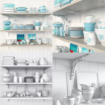 Stylish Blue And White Dinnerware Set Displayed On Kitchen Shelves With Bowls Cups And Plates 3d model