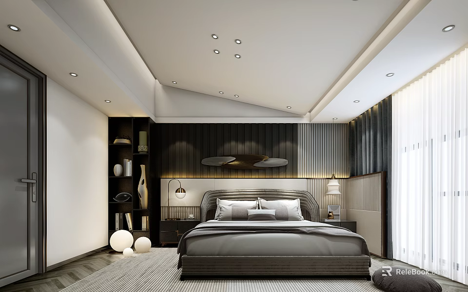 Modern Bedroom Interior Design With Gray Bedside Tables Lamps Bookshelf And Decorative Balls 3d model 