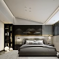 Modern Bedroom Interior Design With Gray Bedside Tables Lamps Bookshelf And Decorative Balls