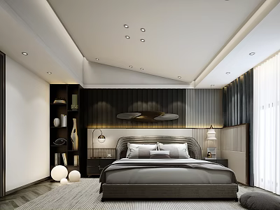 Modern Bedroom Interior Design With Gray Bedside Tables Lamps Bookshelf And Decorative Balls 3d model