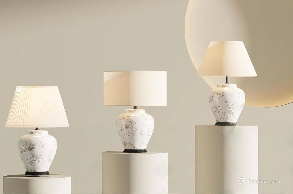 Decorative White Patterned Table Lamps With Light Colored Shades On Cylindrical Stands 3d model