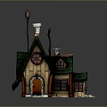 Fairy Tale Cottage Building With Green Roof Wooden Structure Small Windows Chimney And Weather Vane