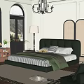 Modern Apartment Bedroom Featuring Gray Leather Bed Green Quilt Striped Sheets Floor Lamp Arched Window