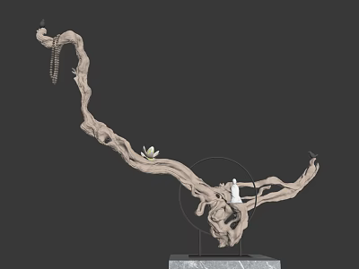 Decorative Ornament Set with Curved Branch White Flower Marble Base and Small Figurine 3d model