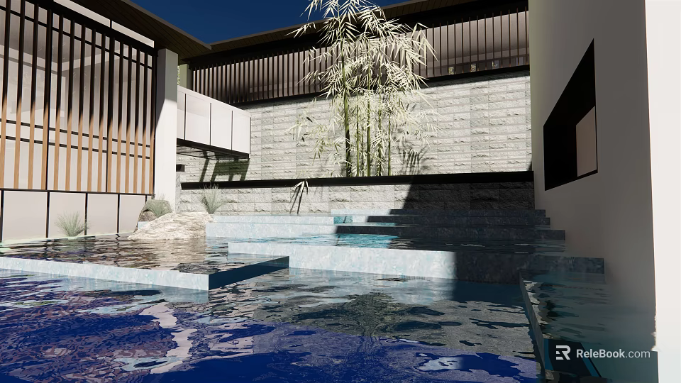 Modern Garden Landscape With Water Feature Stone Wall Bamboo And Steps 3d model 