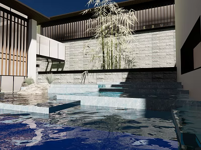 Modern Garden Landscape With Water Feature Stone Wall Bamboo And Steps 3d model