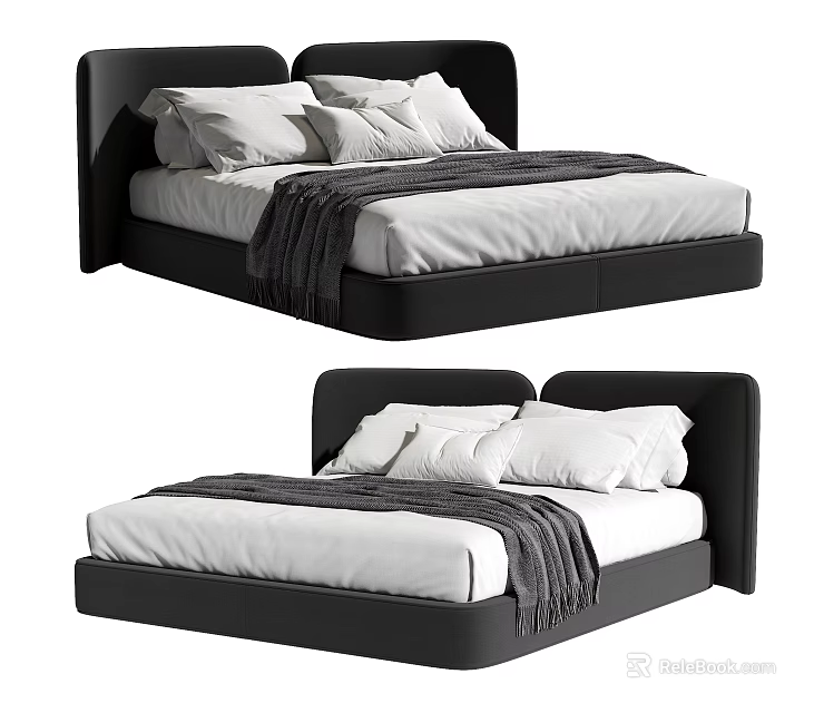Modern Double Bed With Black Headboard White Bedding And Gray Throw Blanket 3d model