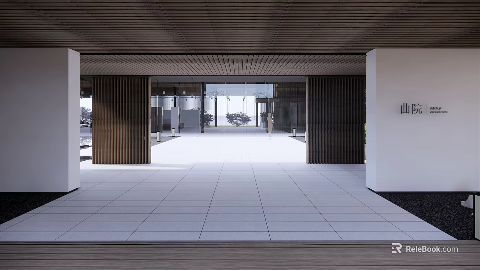 Garden Landscape Design For Modern Entrance With White Pillars Wooden Ceiling And Open Courtyard 3d model 