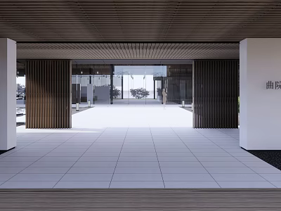 Garden Landscape Design For Modern Entrance With White Pillars Wooden Ceiling And Open Courtyard 3d model